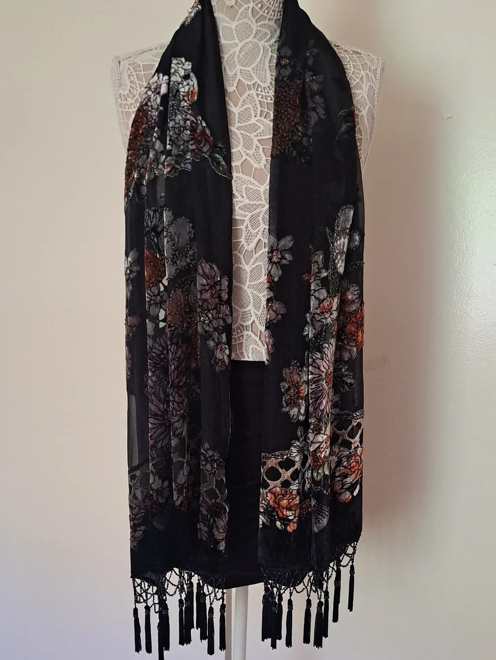 Vintage Black Sheer Floral Scarf with Fringe 100% Silk